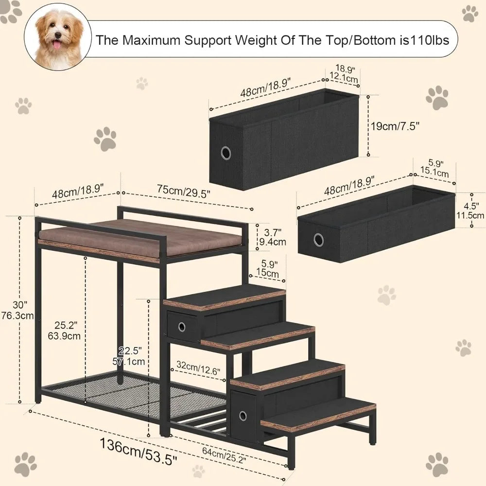 Pet Bunk Bed with Stairs Storage Multi-Level Elevated Bed for Cats Dogs