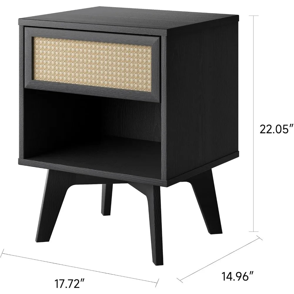 Boho Nightstand Rattan Drawer Open Shelf Black Wood Mid Century Modern