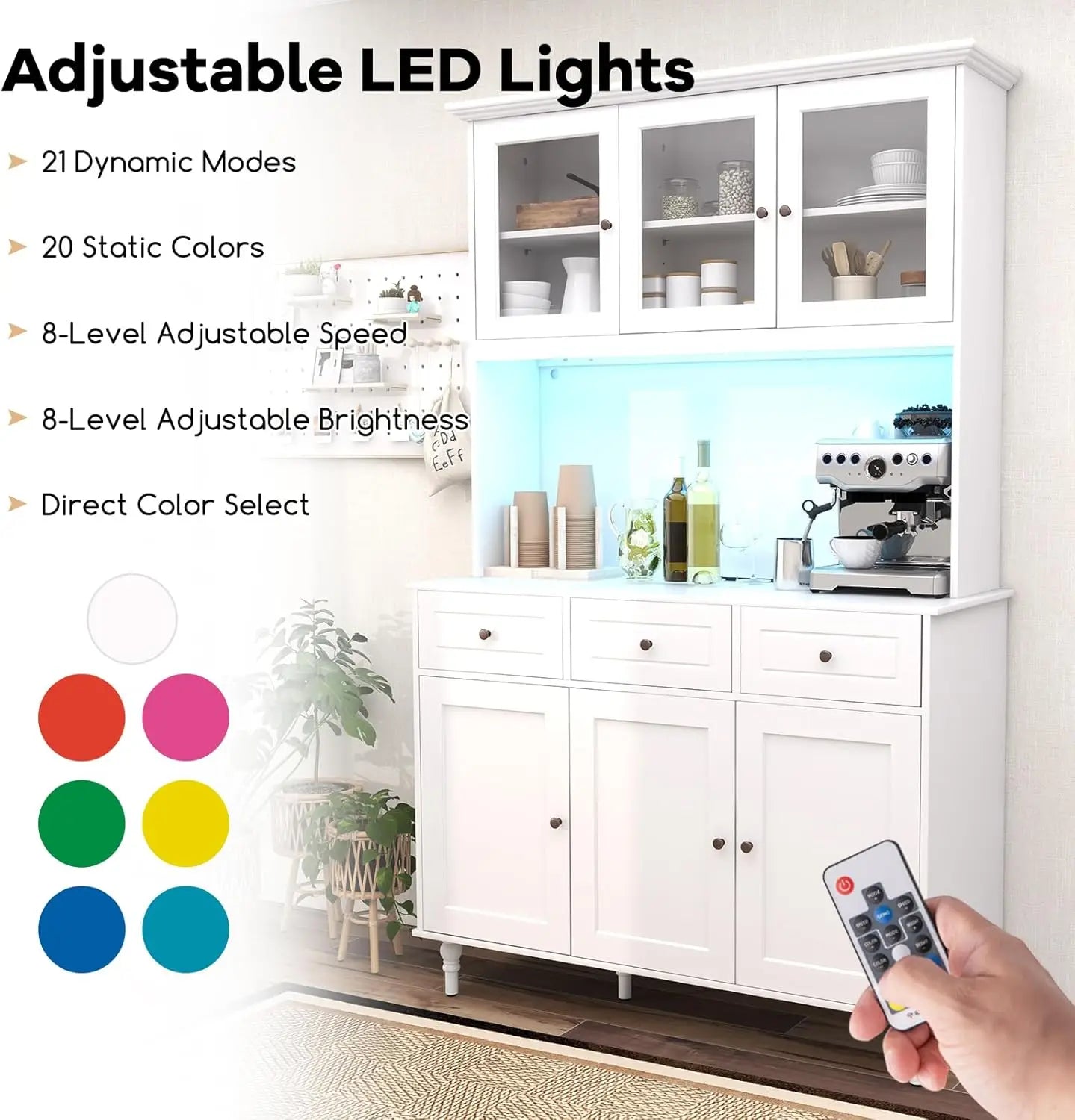 77 Inch Large Pantry Cabinet Kitchen Buffet Hutch with LED Lights Outlet