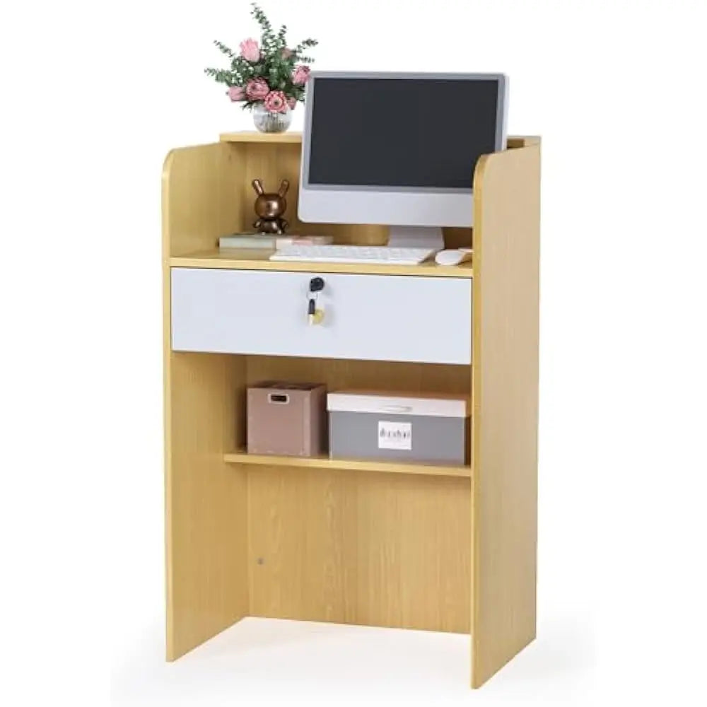 Reception Desk Small Modern Wooden Front Desk with Lockable Drawer