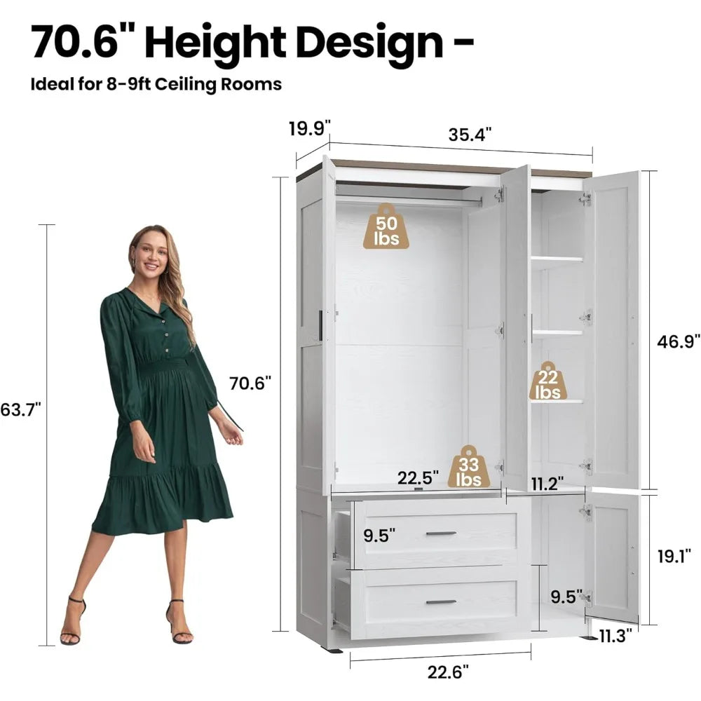 Freestanding Wardrobe Closet Tall Armoire 3 Doors with Shelves and Drawers