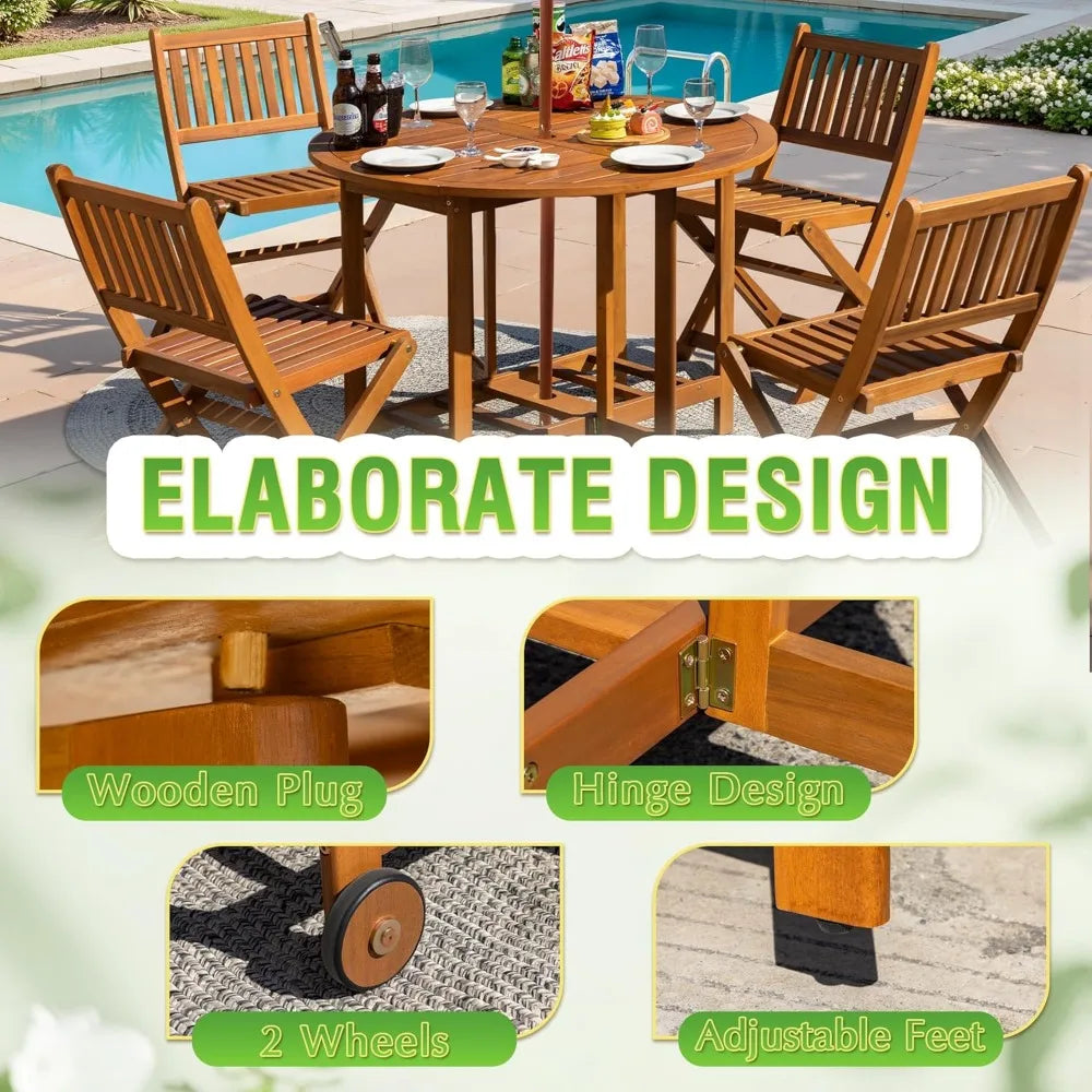 5 Piece Outdoor Acacia Wood Patio Dining Set Round Folding Table Chairs