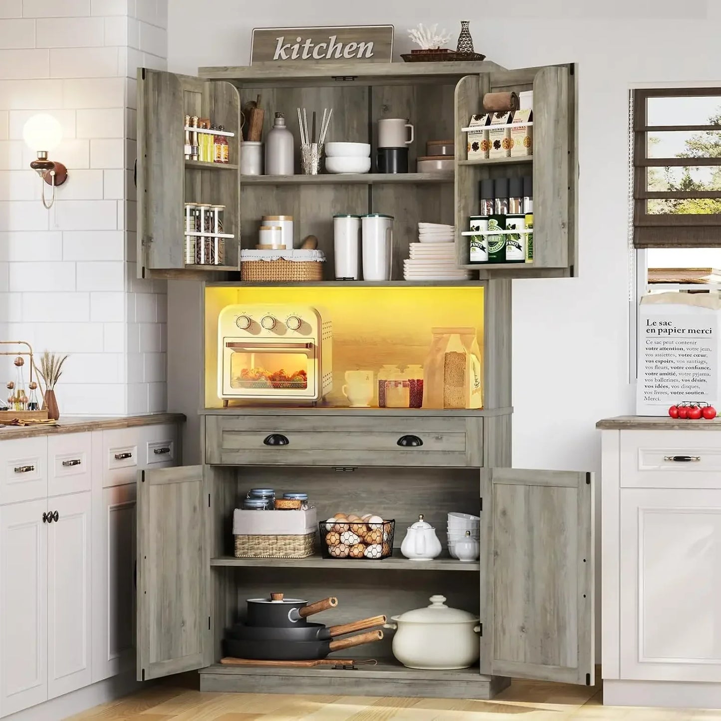 Farmhouse Kitchen Pantry Cabinet with Adjustable Shelves and LED Lights