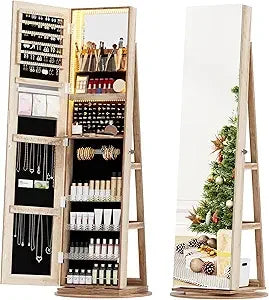 360 Degree Swivel Jewelry Cabinet Full Length Mirror Storage Organizer