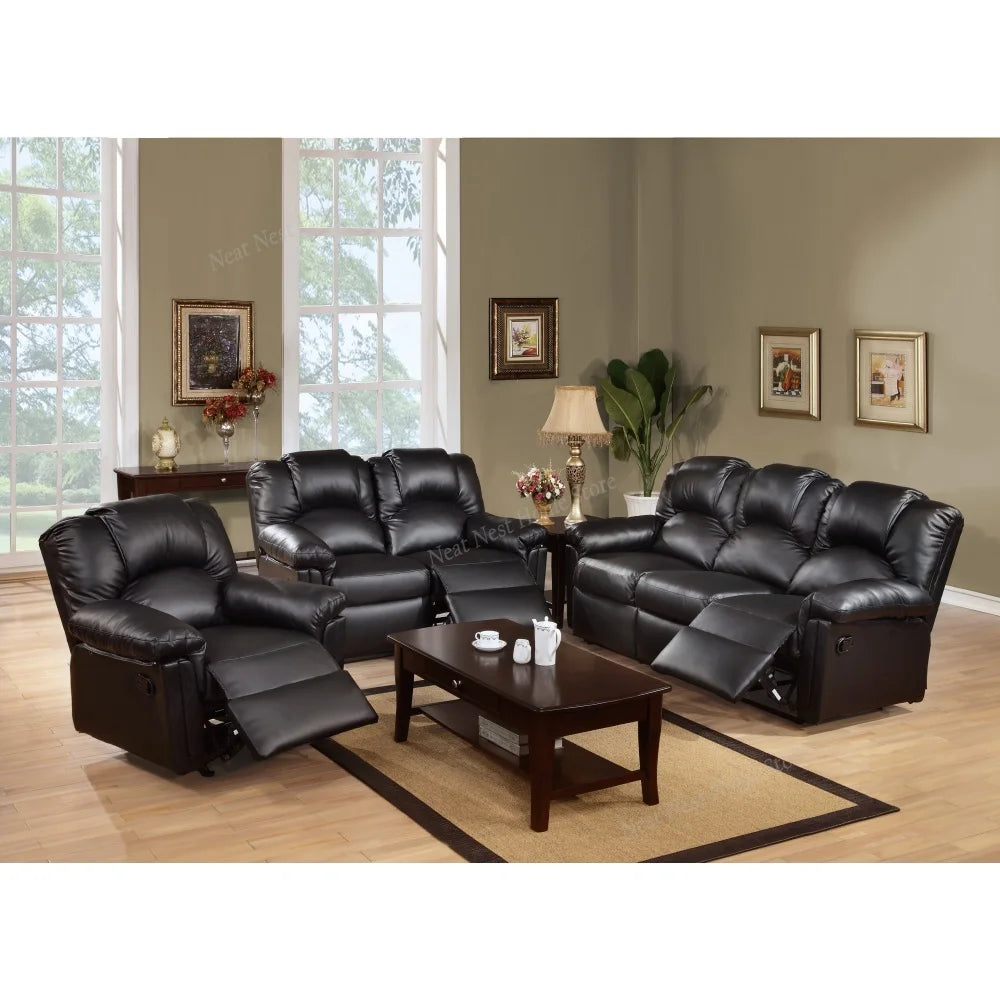 Ljustra Contemporary Motion Sofa Black Faux Leather Couch Living Room