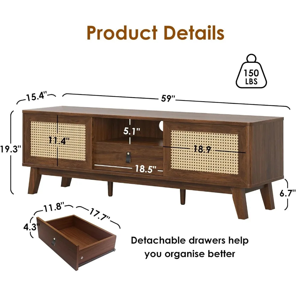 Rattan TV Stand Mid Century Modern Media Console with Drawer and Cabinets