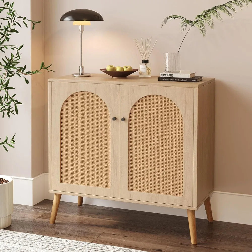 Storage Cabinet Rattan Doors Oak Buffet Sideboard Adjustable Shelf