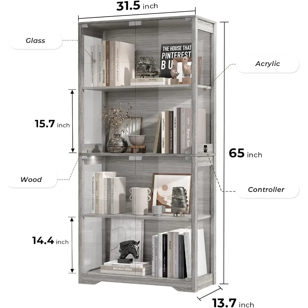 Display Cabinet Curio Case with 4-Tier Glass Doors and LED Lights