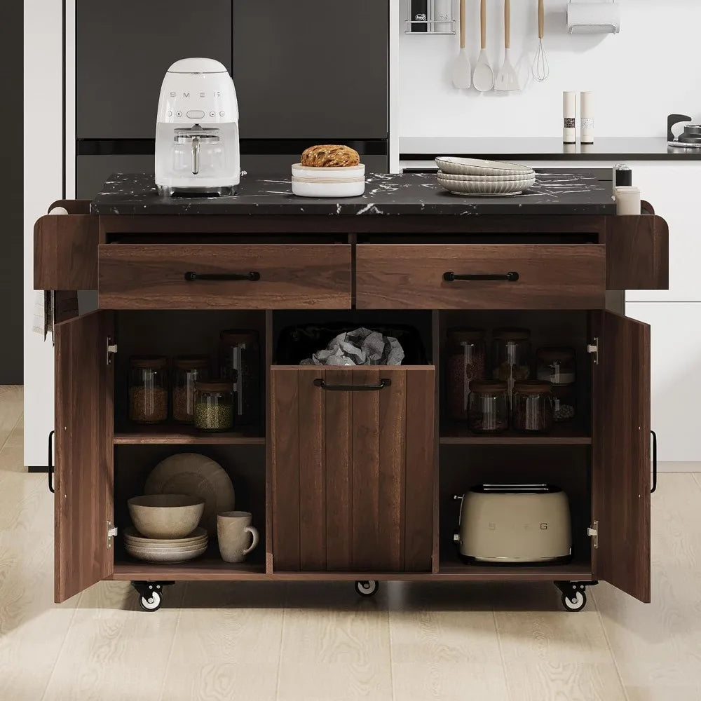 Rolling Kitchen Island on Wheels with Hidden Trash Can Storage