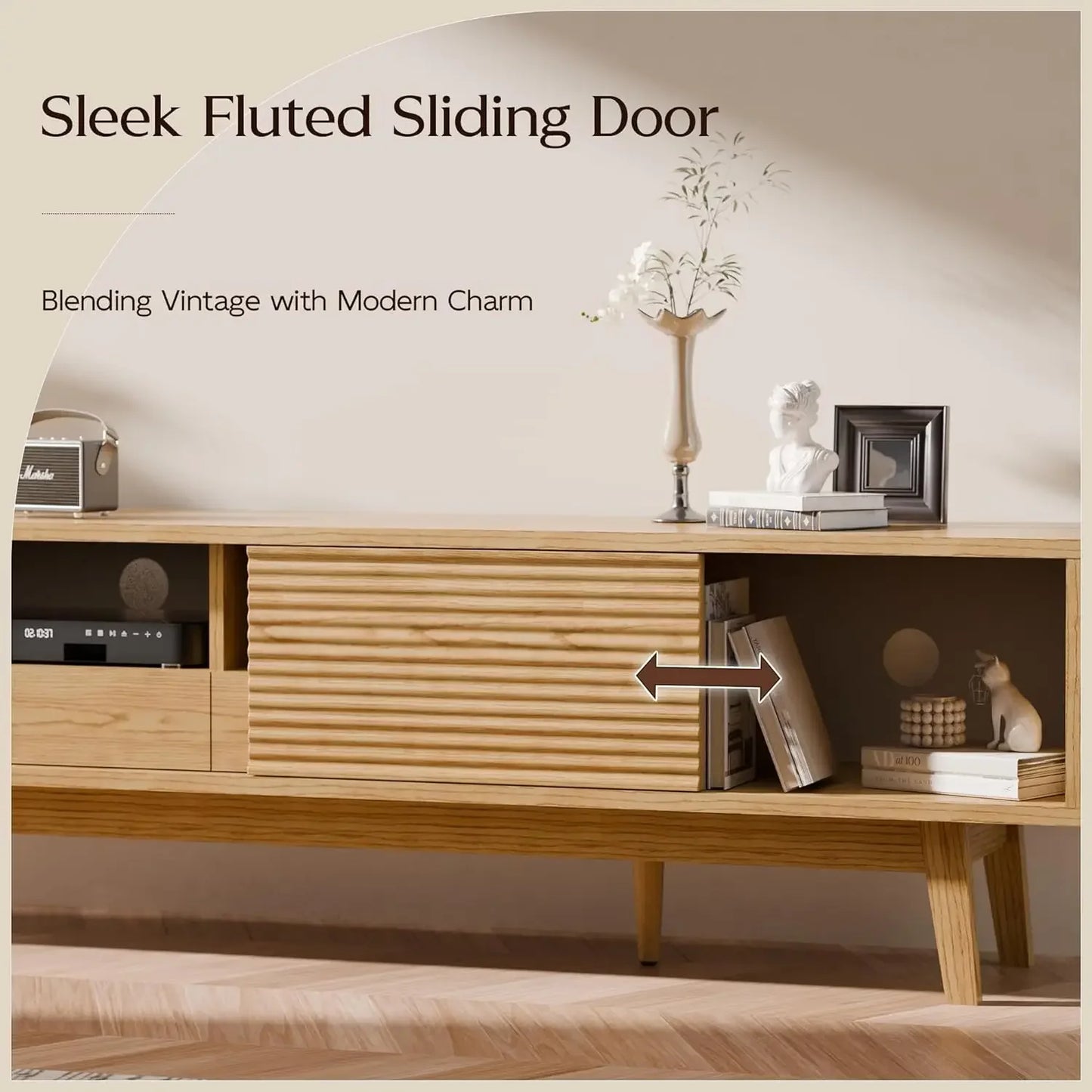 70 Inch Mid Century Modern TV Console Low Profile Media Stand Oak