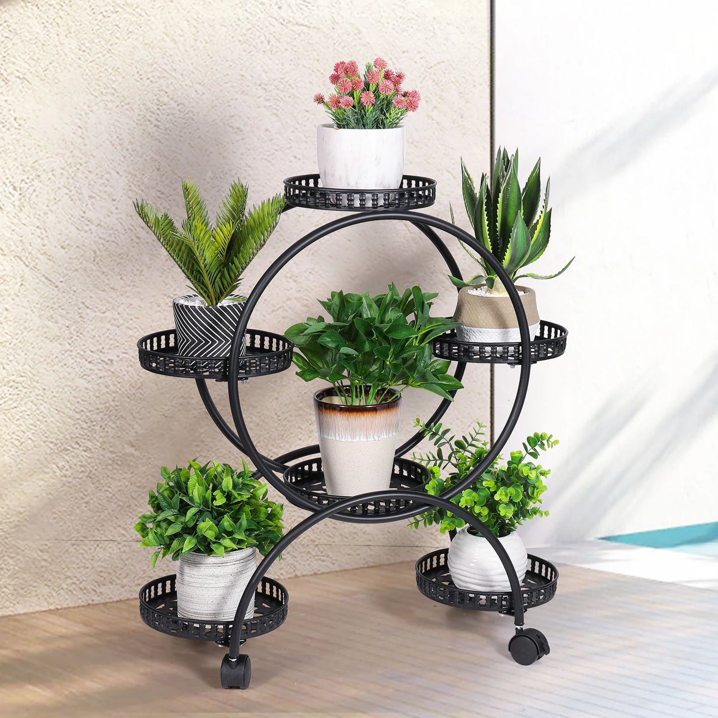 6 Tier Metal Plant Stand Rolling Flower Pot Rack Indoor Outdoor