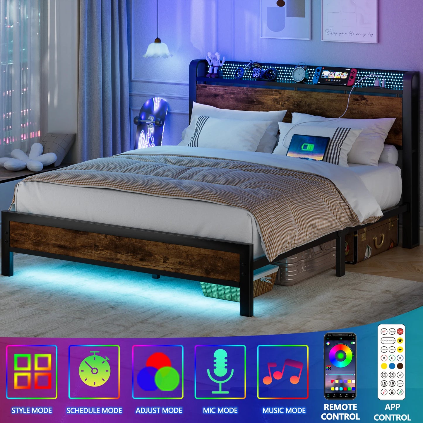 Full Queen Bed Frame with Charging Station LED Lights Storage Headboard