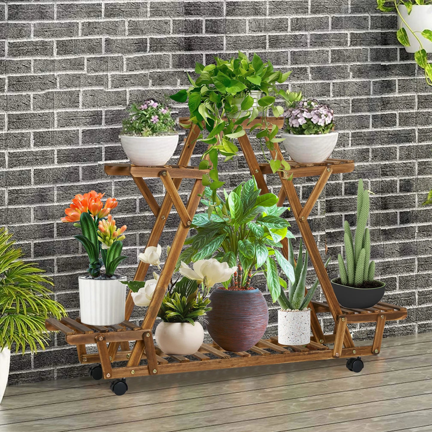 Triangular Plant Shelf with Wheels 6-Tier Carbonized Wood Display Rack