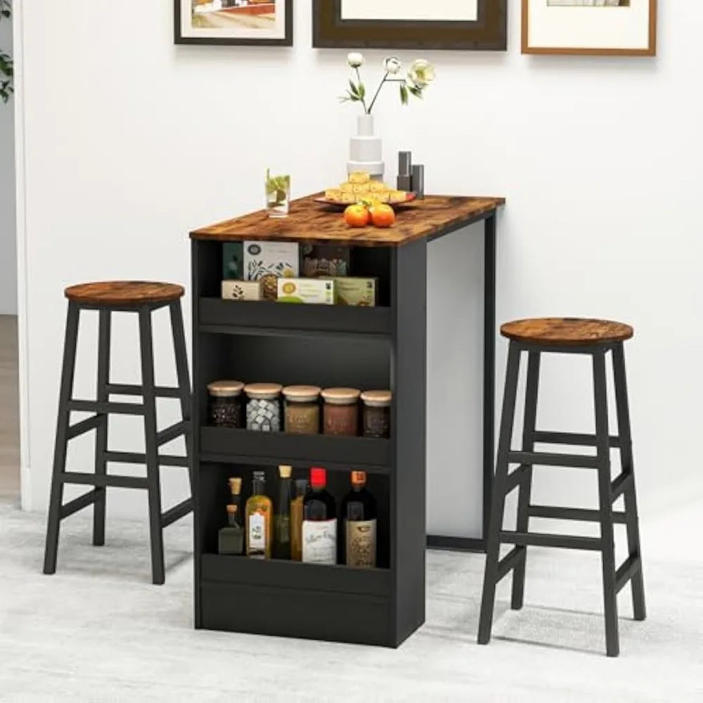 Modern 3-Piece Bar Table Set with Storage Shelves and 2 Chairs
