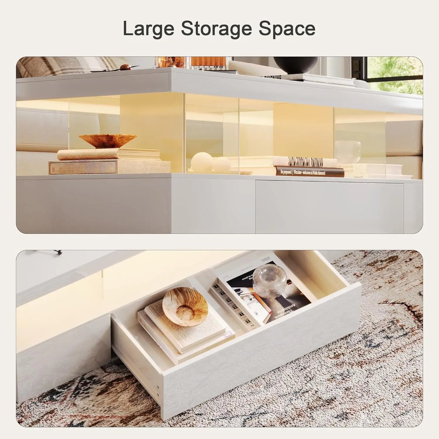 Modern LED Coffee Table High Gloss Storage Drawer Living Room Bedroom