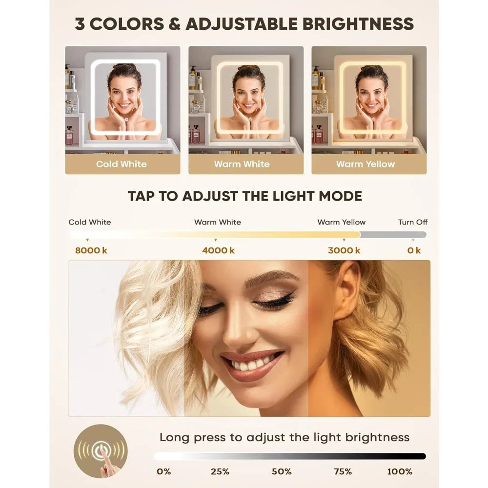 Small Vanity Desk Set with Square Mirror and Adjustable LED Light