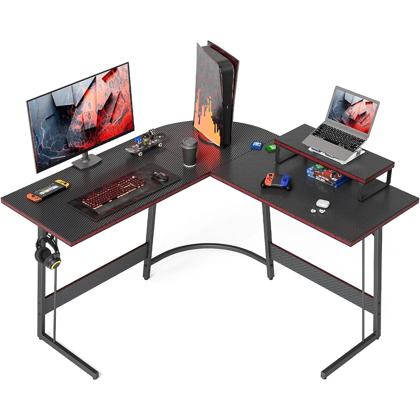 L Shaped Gaming Desk Corner Office Desk Carbon Fiber Monitor Stand 47 Inch