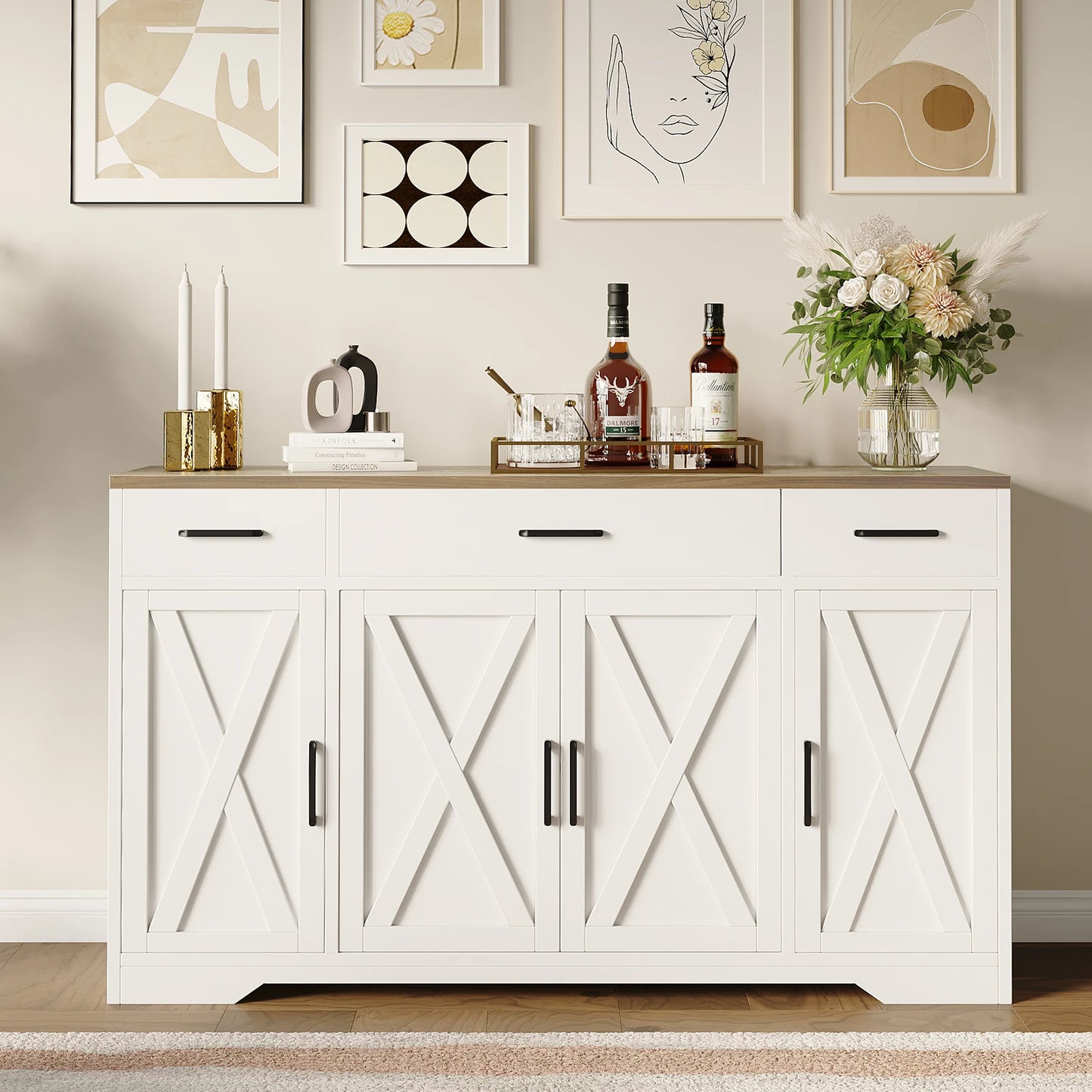 Buffet Cabinet with Storage 55 Inch Sideboard with 3 Drawers 4 Doors