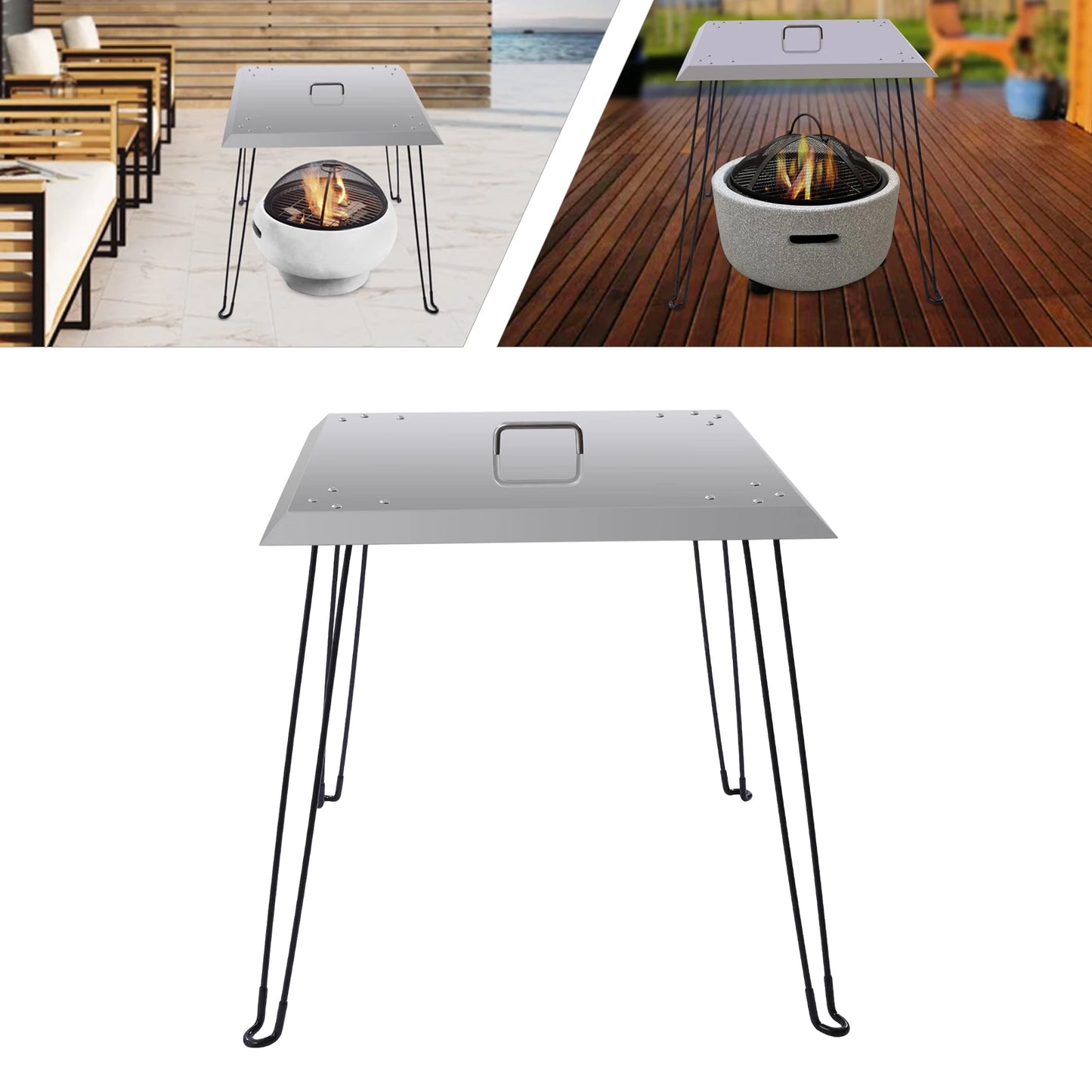 Stainless Steel Fire Pit Heat Deflector Square Lid with Foldable Legs