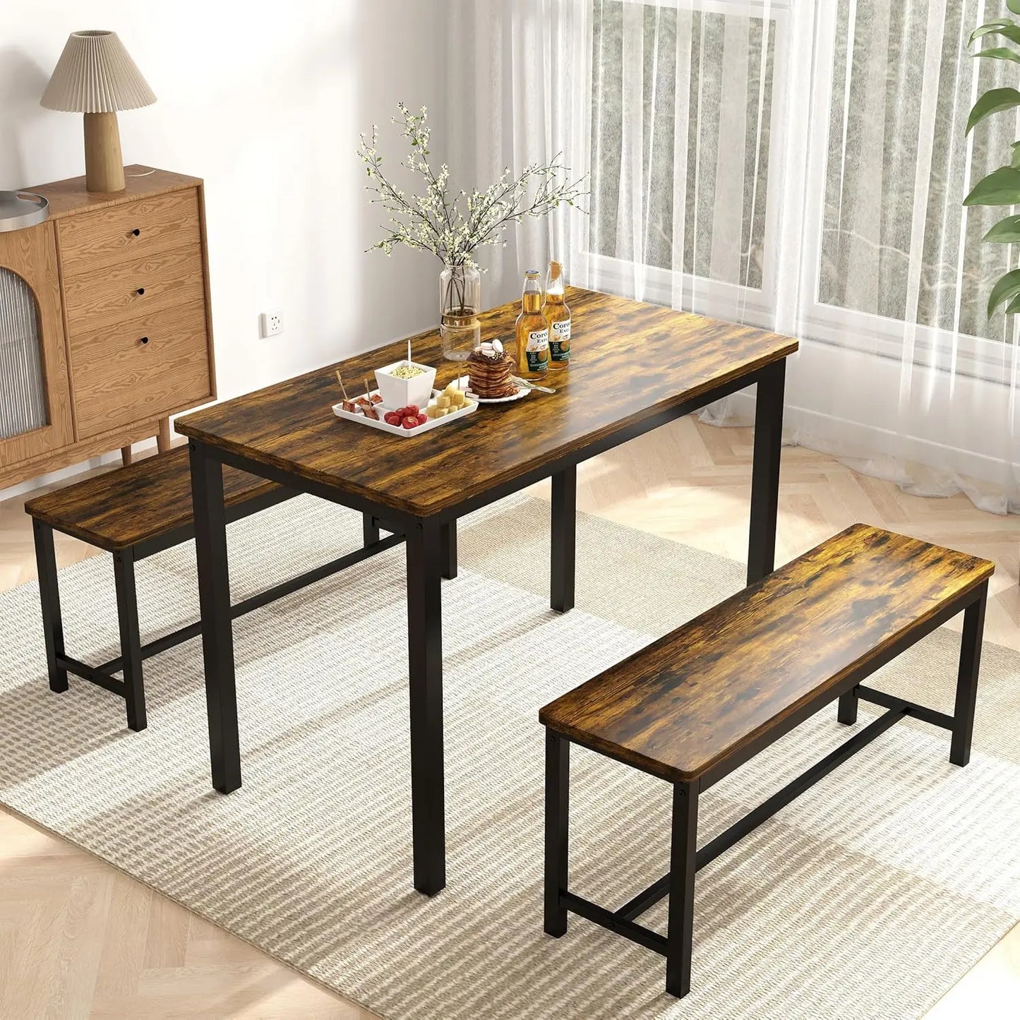 Dining Table Set for 4 with Benches Modern Kitchen Furniture