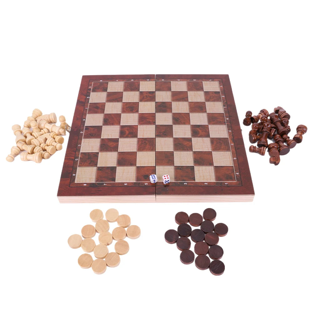 3 in 1 Chess Checkers Backgammon Wooden Game Set for Kids and Adults