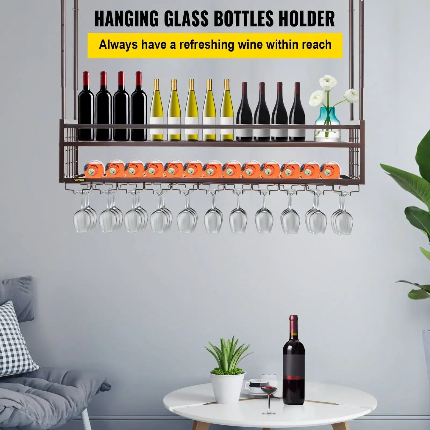 Ceiling Wine Glass Rack 46.9 Inch Adjustable Wall-Mounted Storage Rack