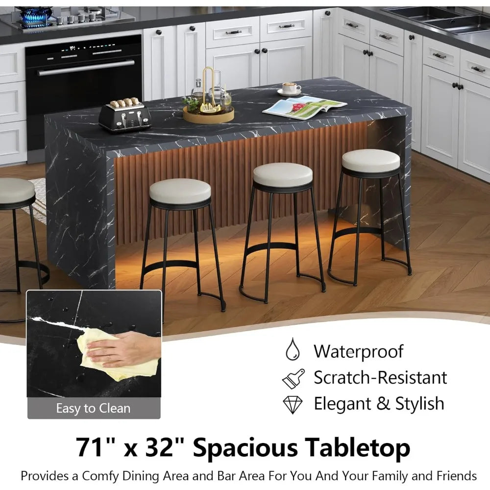 71 Inch Large Imitation Marble Dining Table with LED Lights for 4-6