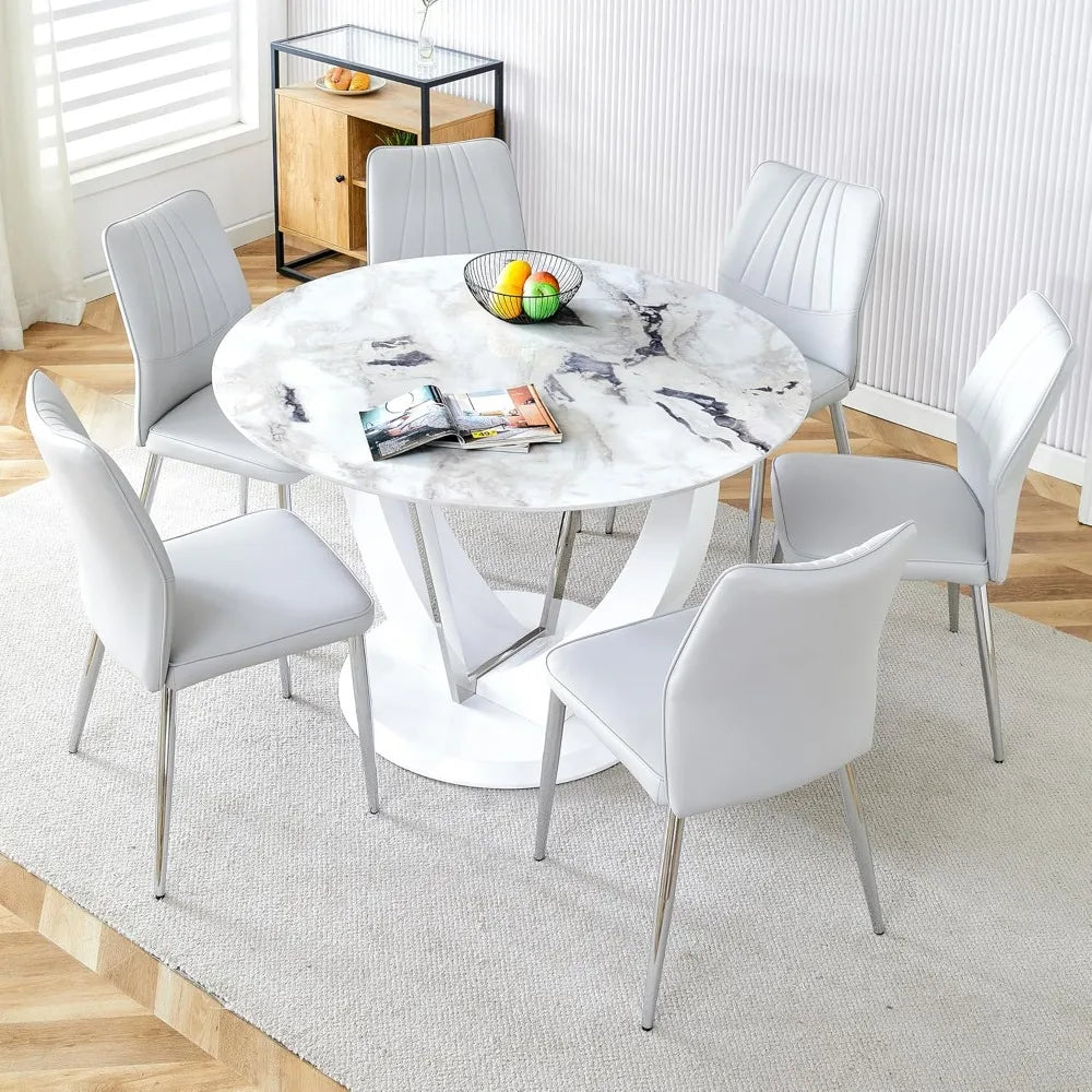 48 Inch Round Dining Table for 4 Sturdy Faux Marble Pedestal Table