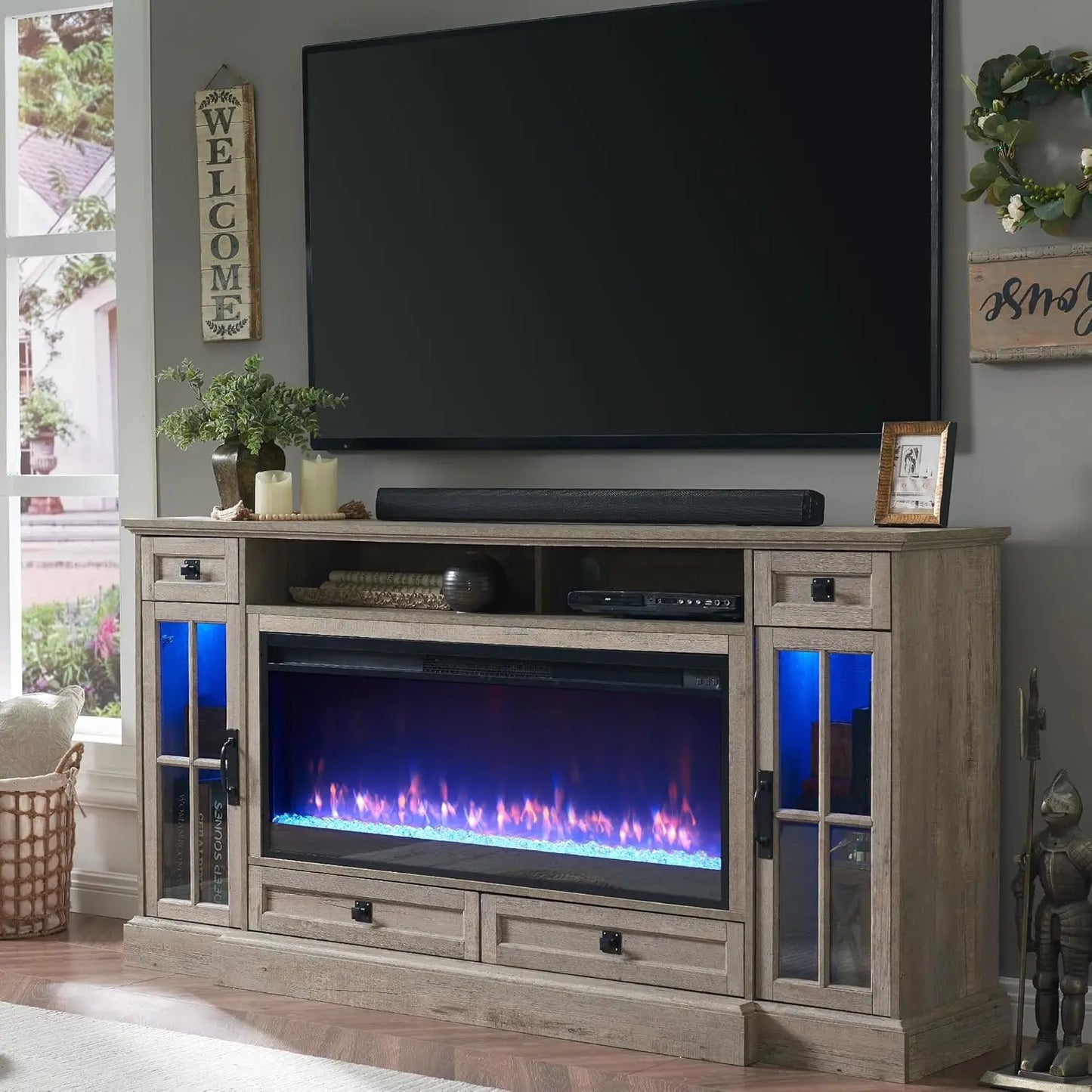 Fireplace TV Stand for 80 Inch TV Farmhouse Entertainment Center LED Lights
