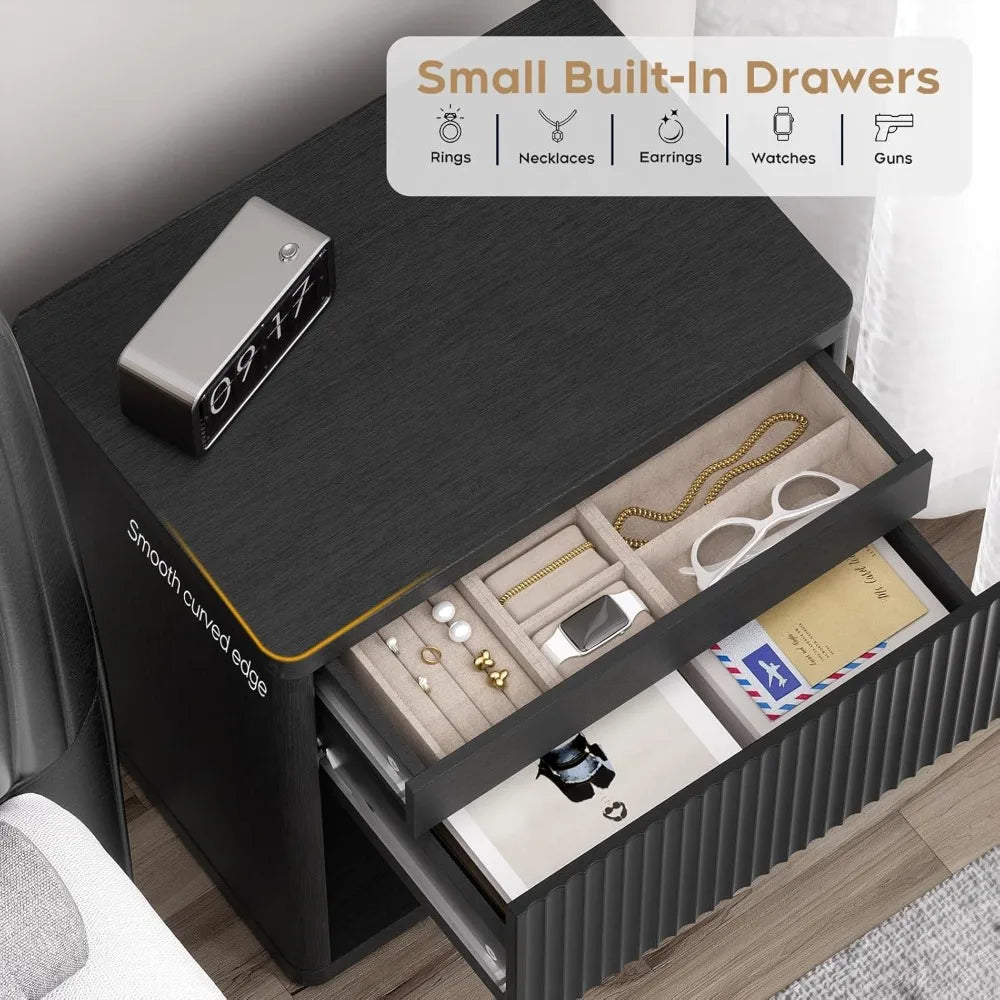 22.8" W Black Nightstand with Hidden Drawers Mid Century Modern Design