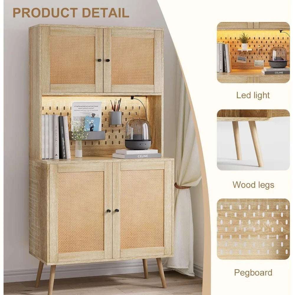 Rattan Kitchen Pantry Storage Cabinet with LED Lights and Power Outlets