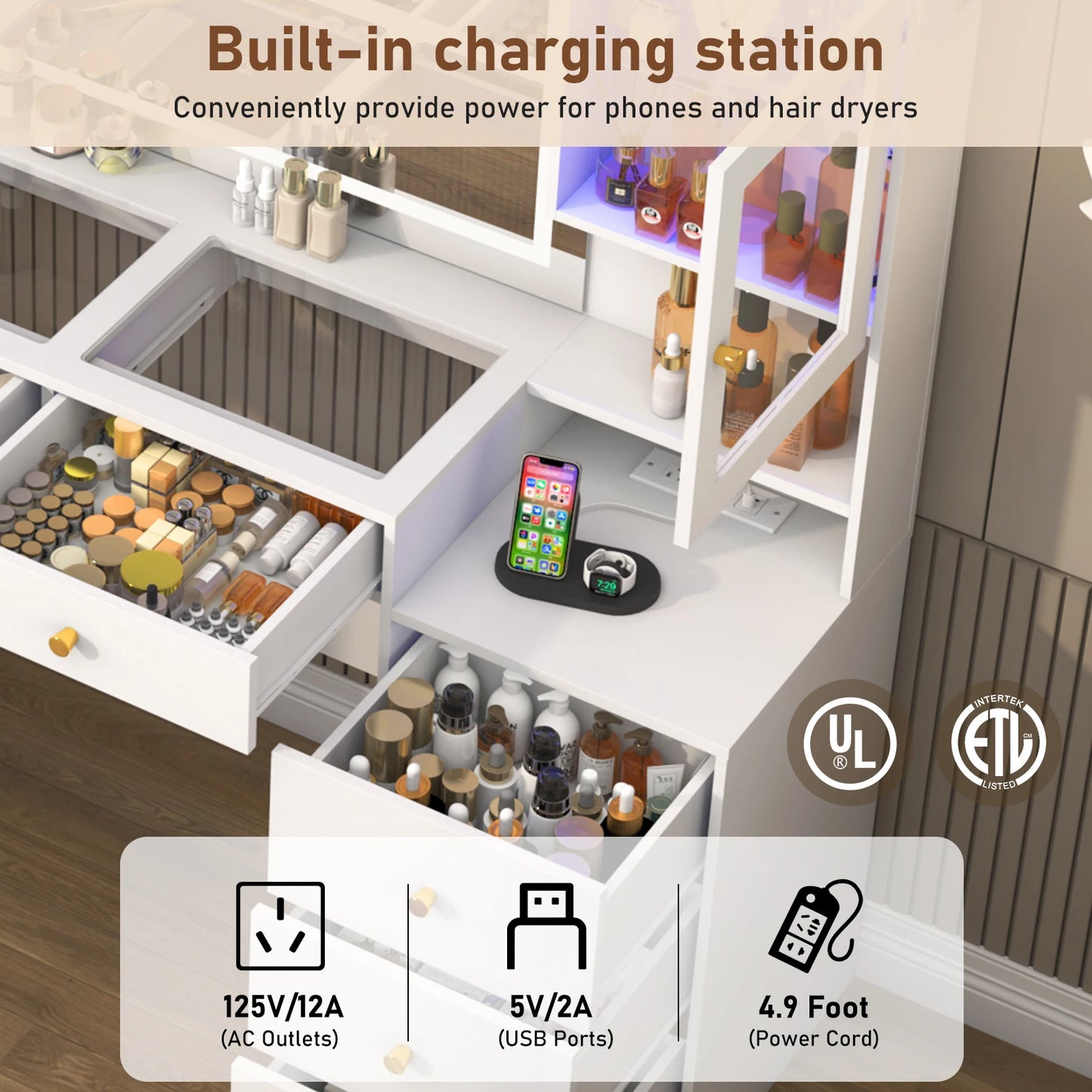 61.7" Large Vanity Desk with Mirror Lights Charging Station Storage