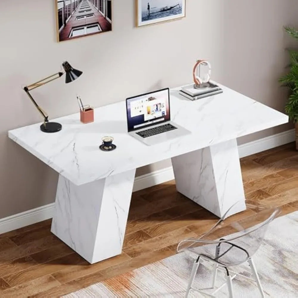 Modern Executive Desk 63 Inch Wooden Faux Marble Computer Workstation