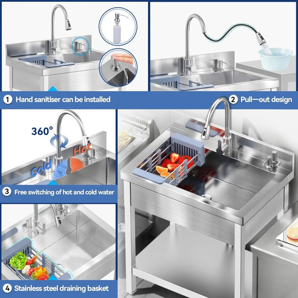 Stainless Steel Utility Sink with Pull-Out Faucet for Kitchen and Laundry