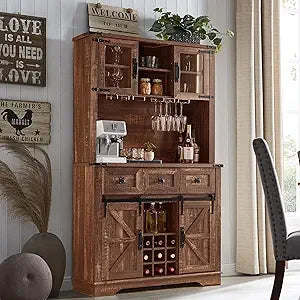 Farmhouse Buffet Hutch Large Bar Cabinet Sliding Barn Door Storage