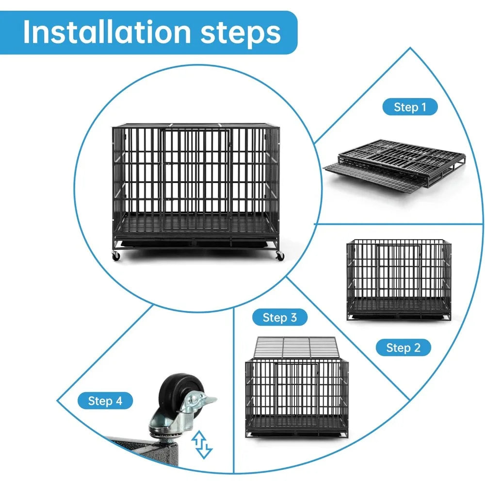 Heavy Duty 60 Inch Dog Crate Folding Kennel Escape Proof Large Cage