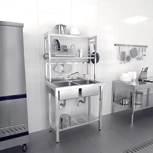 67 Inch Commercial Sink Double Basin Stainless Steel with Shelves