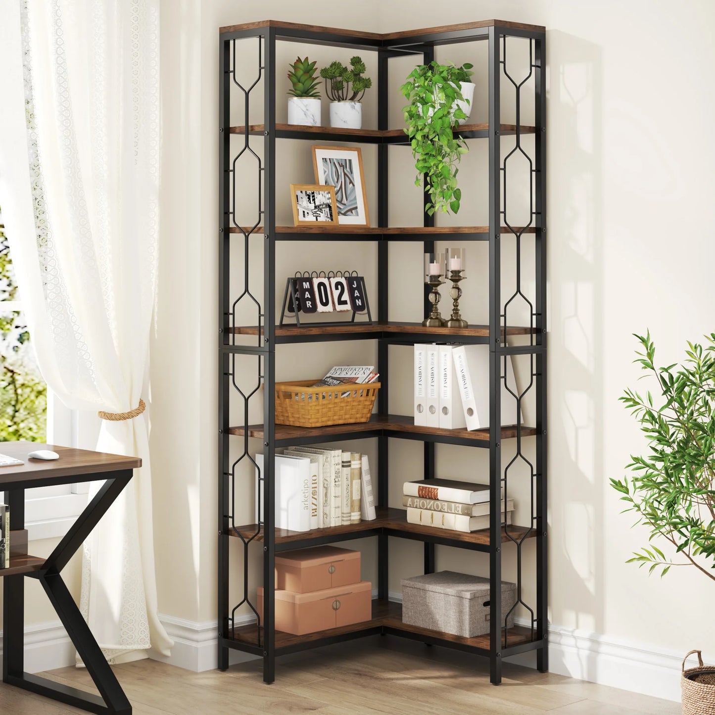 Ljustra 7-Shelf Corner Bookshelf Modern Corner Bookcase Storage Rack