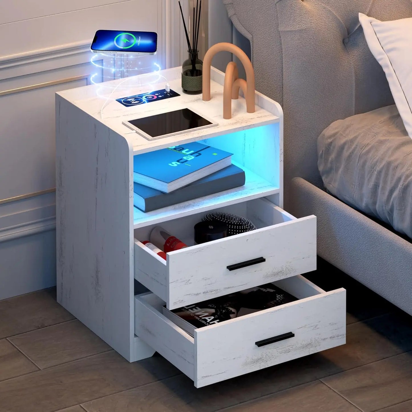 Night Stand Wireless Charging Station Smart Bedside Table 2 Drawers RGB Lighting