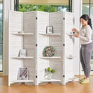 Ljustra Folding Wood Privacy Screen Room Divider with Shelves for Home Office