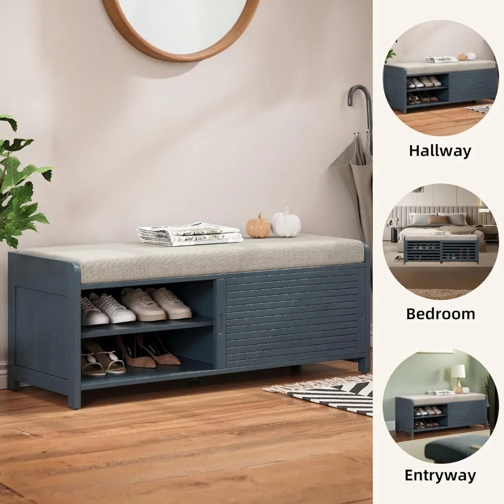 Ljustra Shoe Bench 2-Tier Entryway Storage Seat Cushion Acacia Wood