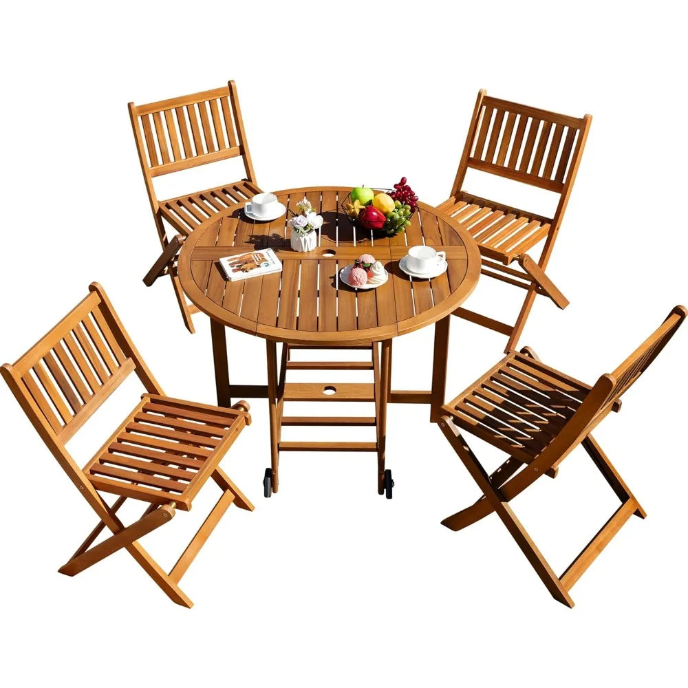 5 Piece Outdoor Acacia Wood Patio Dining Set Round Folding Table Chairs