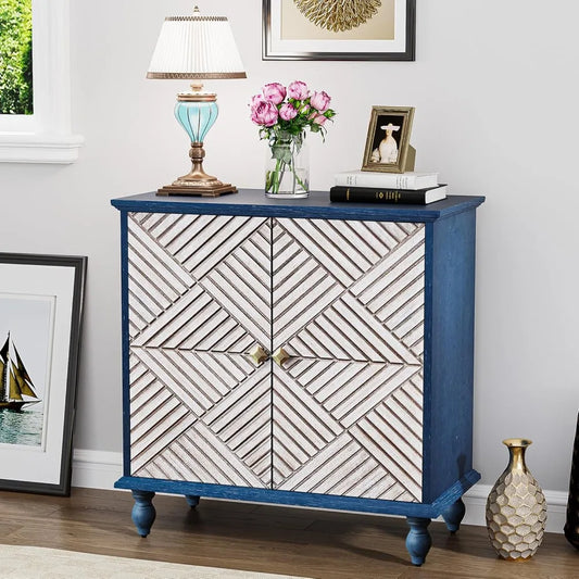 Antique Wood Carved Accent Cabinet Rustic Sideboard Buffet Storage