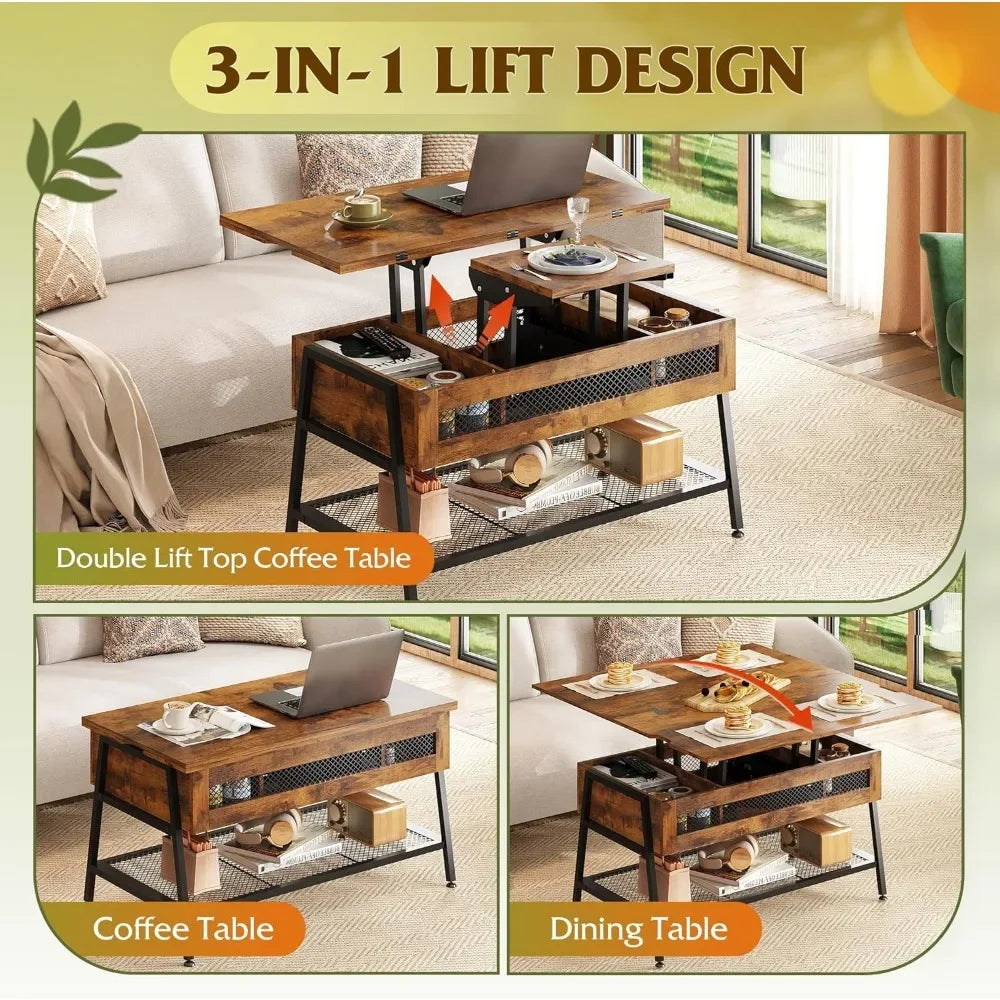 Rustic Brown 3-in-1 Lift Top Coffee Table Multi-Function Dining Table
