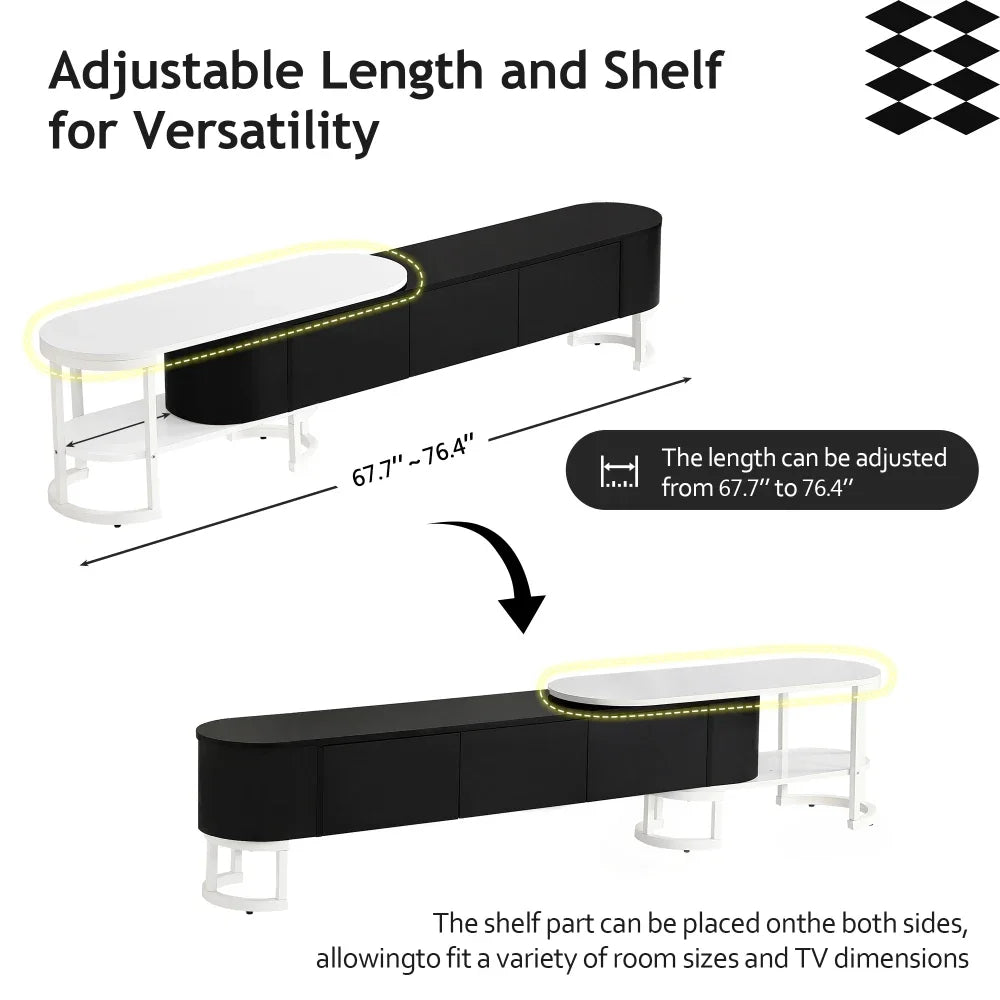 Modern Extendable TV Stand with Drawers and Adjustable Metal Legs