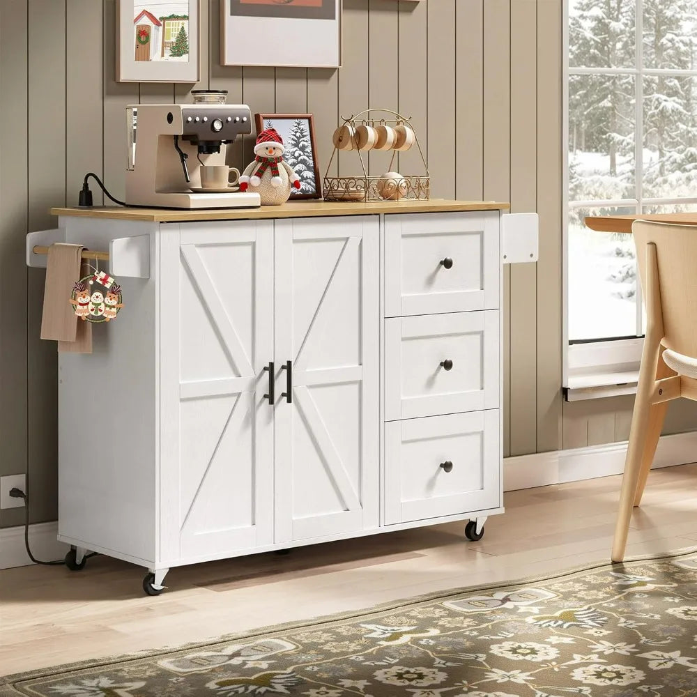 Kitchen Island with Power Outlet Rolling Cart Storage 3 Drawers Adjustable