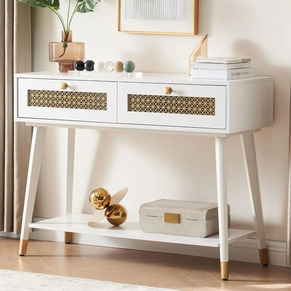 Mid Century Modern Console Table 2 Drawers Open Shelf Entryway Living Room