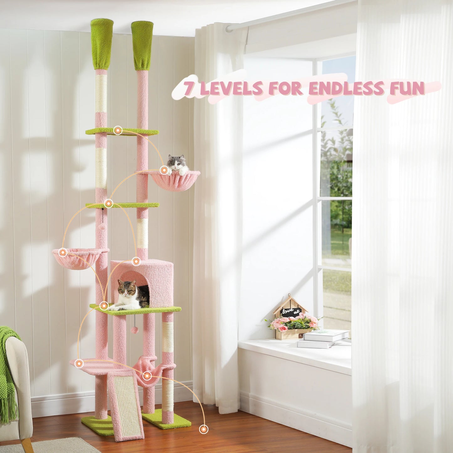Cactus Cat Tree Floor to Ceiling 7 Tiers Adjustable Height 216-285CM