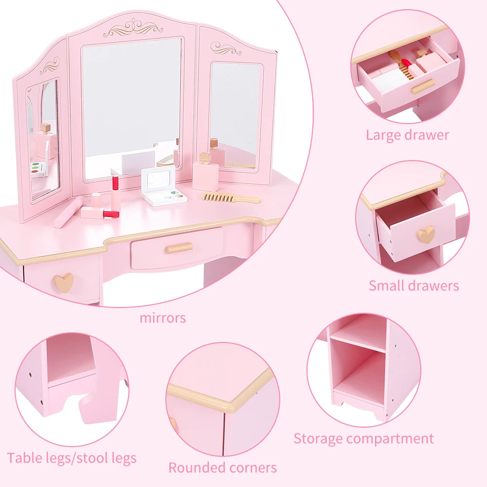 Girls Vanity Table and Chair Set Kids Makeup Dressing Table Wood Toy