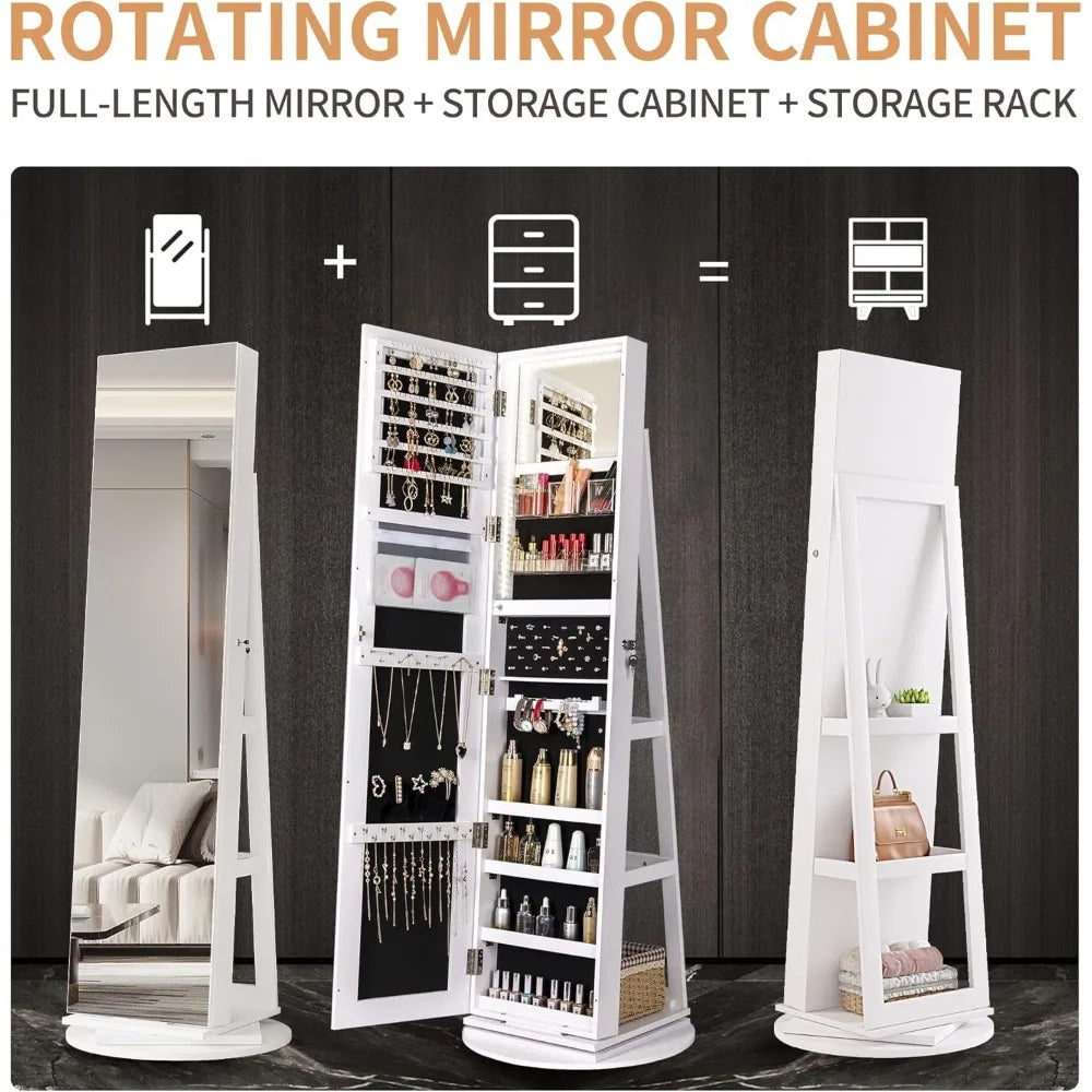 Full Length Mirror Jewelry Armoire with LED Lights Storage Cabinet